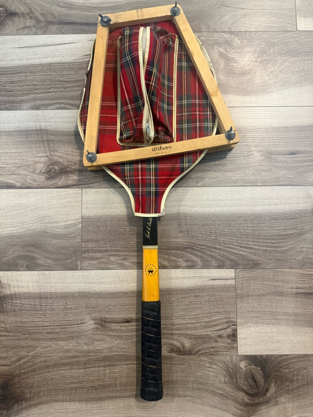 Wilson Wooden Tennis Racket with Red Plaid Cover and Black Grip